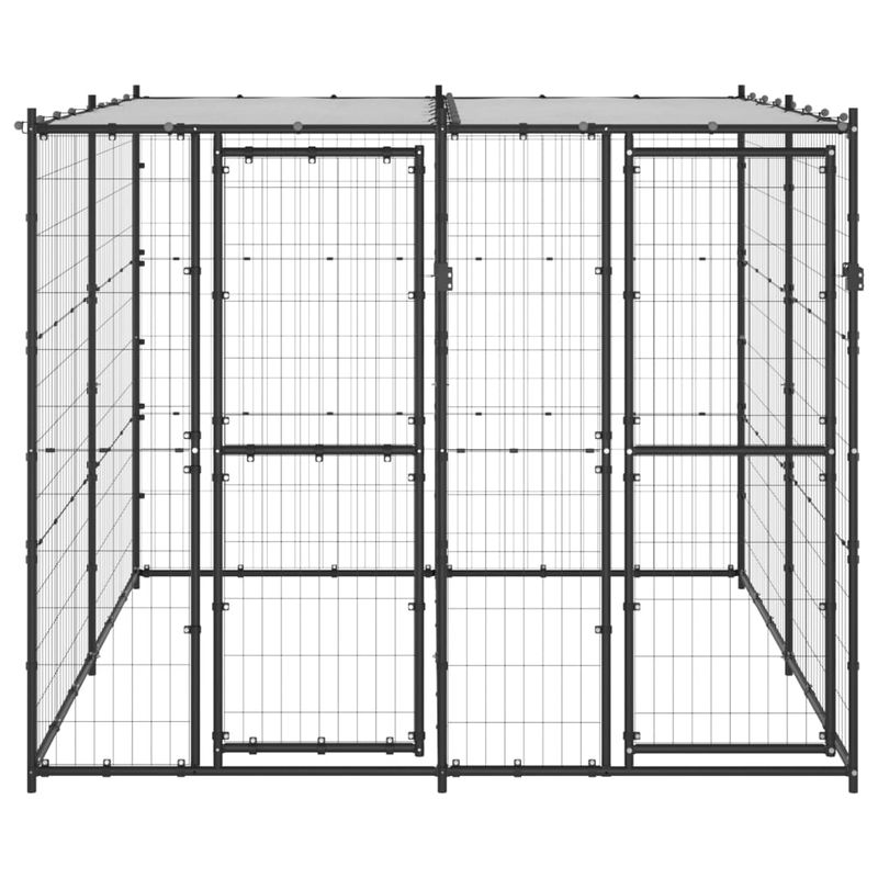 Petshop - Accesorii petshop - Culcusuri si custi - Custi interior si exterior - Padoc pentru caini de exterior cu acoperis, 4,84 m², otel, negru și argintiu, cu acoperiș da - Infinity.ro
