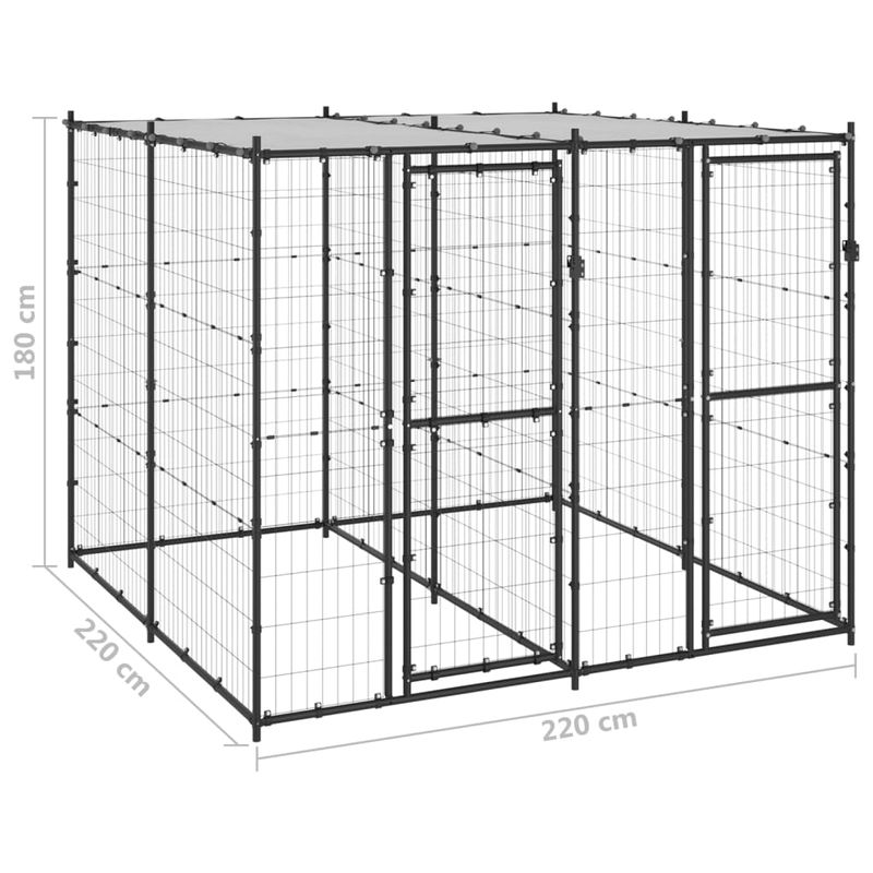 Petshop - Accesorii petshop - Culcusuri si custi - Custi interior si exterior - Padoc pentru caini de exterior cu acoperis, 4,84 m², otel, negru și argintiu, cu acoperiș da - Infinity.ro