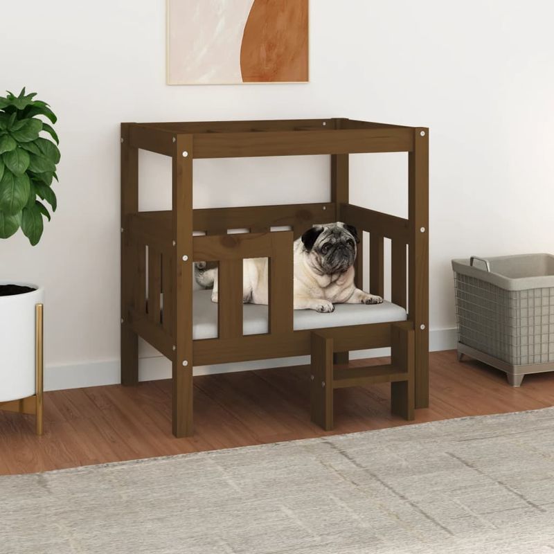 Petshop - Accesorii petshop - Culcusuri si custi - Culcusuri si saltele - Pat pentru caini, maro miere, 65,5x43x70 cm, lemn masiv de pin - Infinity.ro