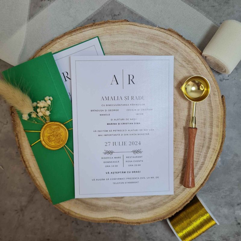 Market - Cadouri - Invitatii evenimente - Invitatie de Nunta cu flori uscate, sigiliu de ceara auriu si plic verde - Infinity.ro