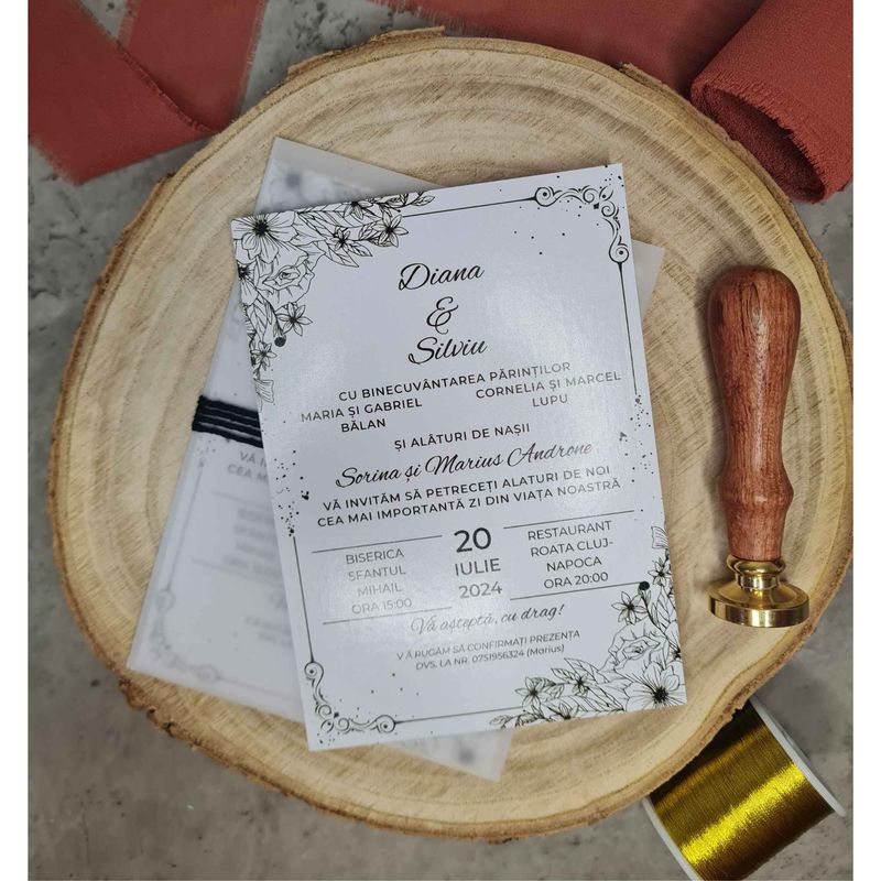 Market - Cadouri - Invitatii evenimente - Invitatie de Nunta Eleganta cu sigiliu de ceara, negru si plic Vellum - Infinity.ro
