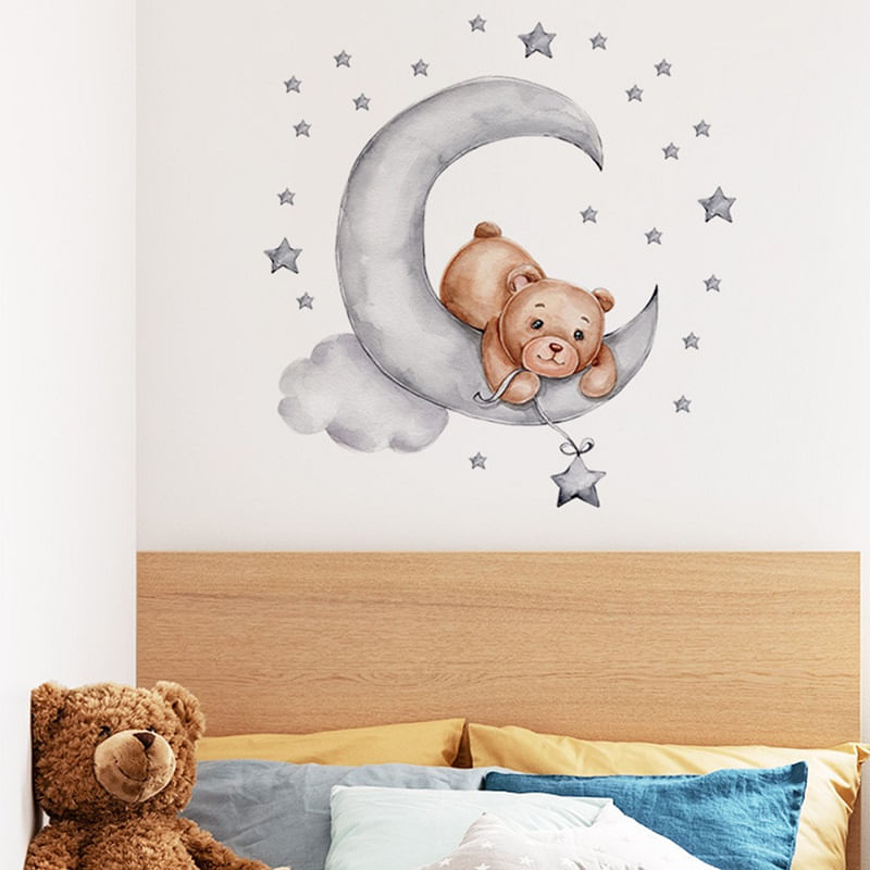 Casa si Gradina - Decoratiuni - Stickere decorative - Sticker Decorativ Pentru Copii, Autoadeziv, Ursulet de plus intins pe luna, 62x60 cm - Infinity.ro
