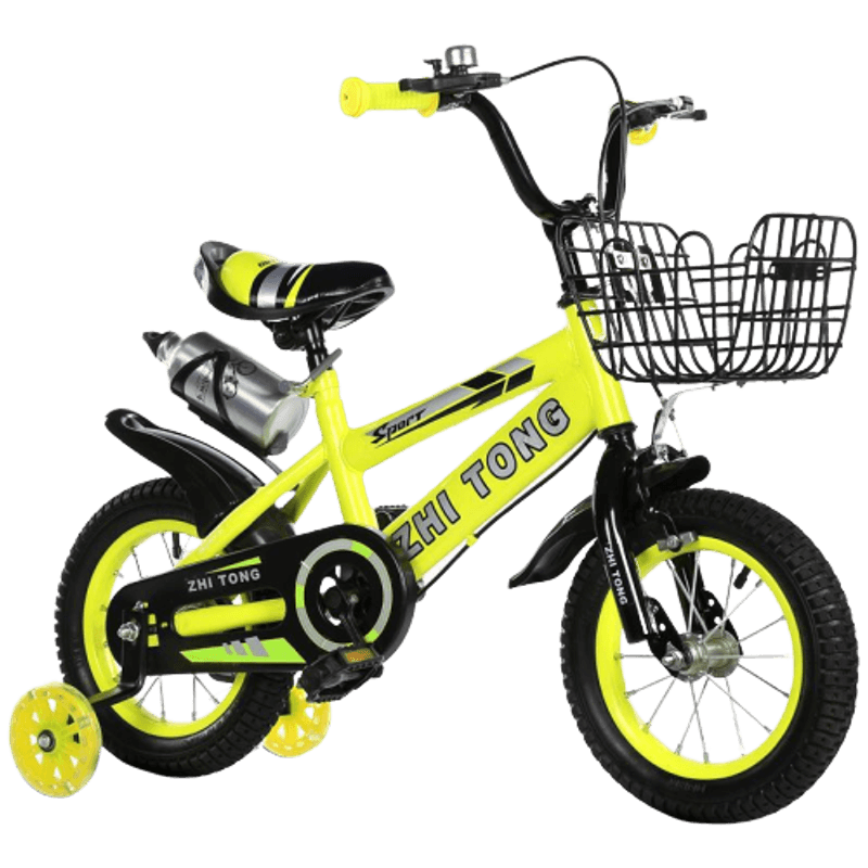 Sport si Outdoor/Ciclism/Biciclete pentru copii - Bicicleta Go Kart 18 inch Sport 4-8 ani,roti ajutatoare silicon,aparatoare,cos suport bidon,sonerie,galben - Infinity.ro