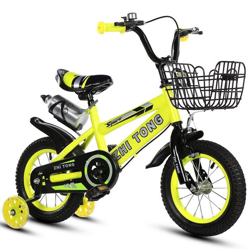 Sport si Outdoor/Ciclism/Biciclete pentru copii - Bicicleta Go Kart 18 inch Sport 4-8 ani,roti ajutatoare silicon,aparatoare,cos suport bidon,sonerie,galben - Infinity.ro
