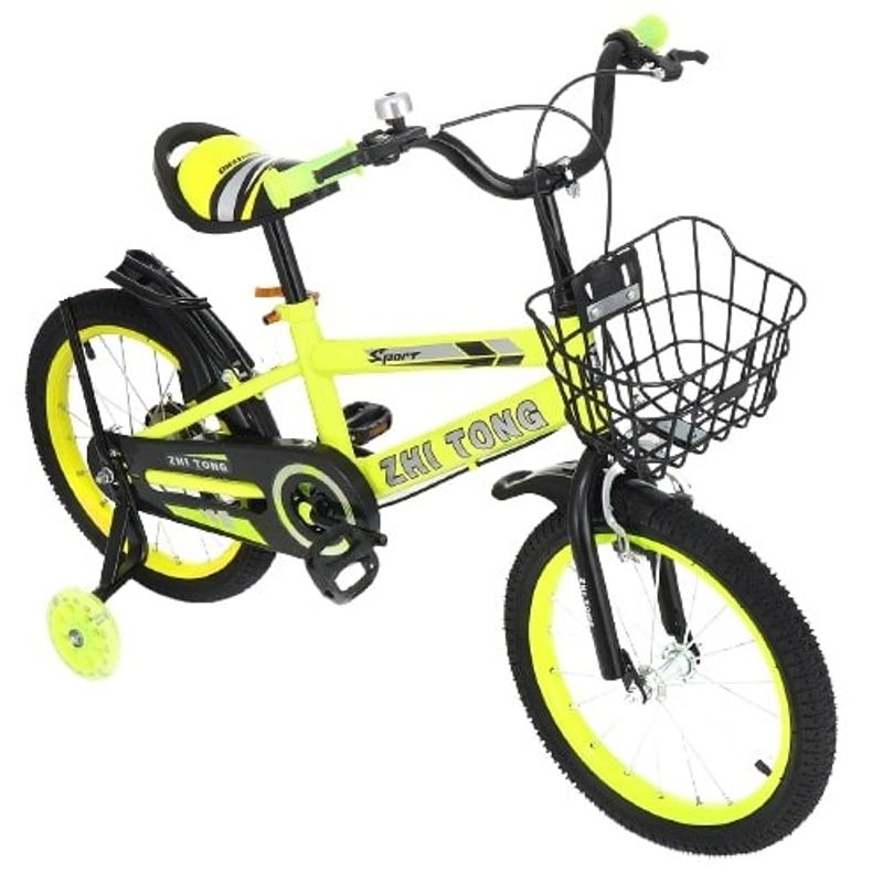 Sport si Outdoor/Ciclism/Biciclete pentru copii - Bicicleta Go Kart 18 inch Sport 4-8 ani,roti ajutatoare silicon,aparatoare,cos suport bidon,sonerie,galben - Infinity.ro