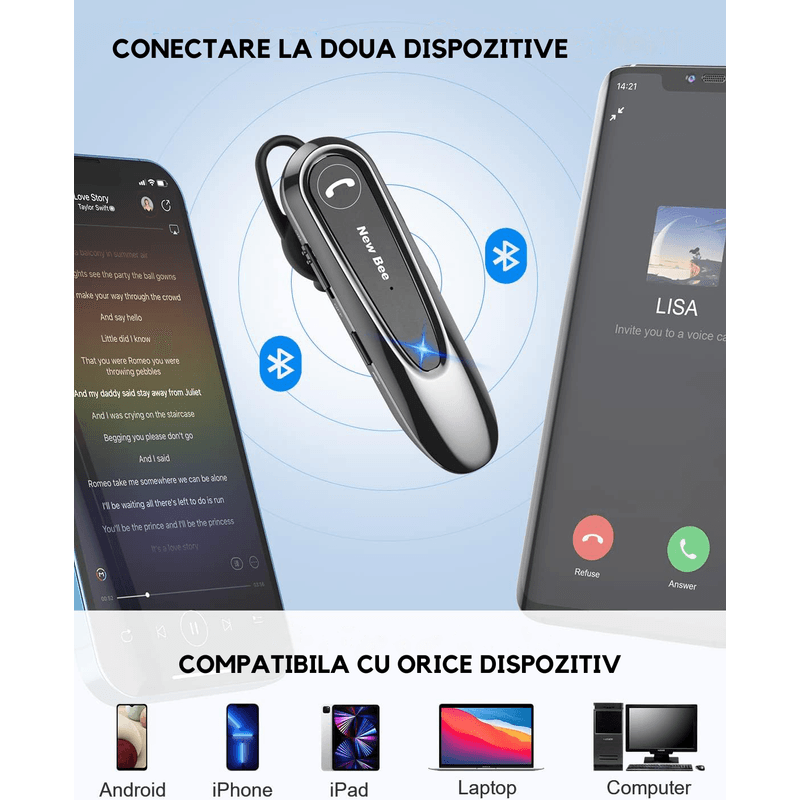 TV, Audio-Video si Foto - Portabile audio - Casti audio - Casca Bluetooth 5.0, Multipoint, Compatibilitate iOS/Android, Sunet HD, Autonomie 24H, Noise Cancelling, Handsfree, Husa - Infinity.ro