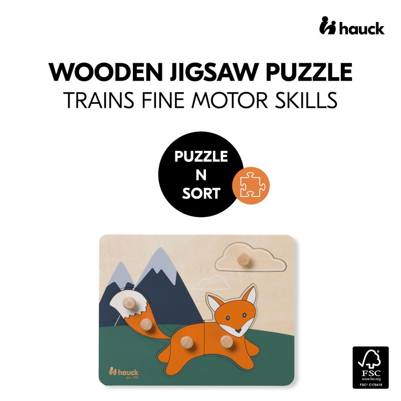 Jucarii, Copii si Bebe - Jucarii si jocuri - Jucarii bebelusi - Jucarii interactive bebelusi - Puzzle din lemn certificat FSC, cu piese imbinate, Hauck, Fox - Infinity.ro