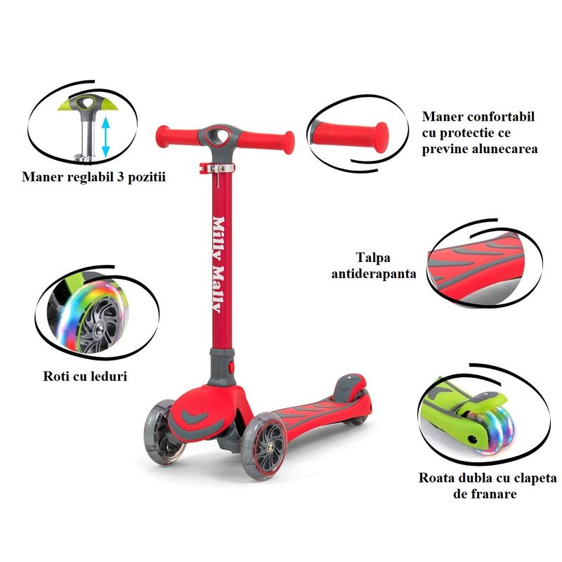 Sport si Outdoor - Role, trotinete si skateboard - Trotinete copii - Trotineta pliabila Milly Mally Boogie Red, roti din silicon cu Led, platforma antiderapanta, greutate admisa 50 kg - Infinity.ro