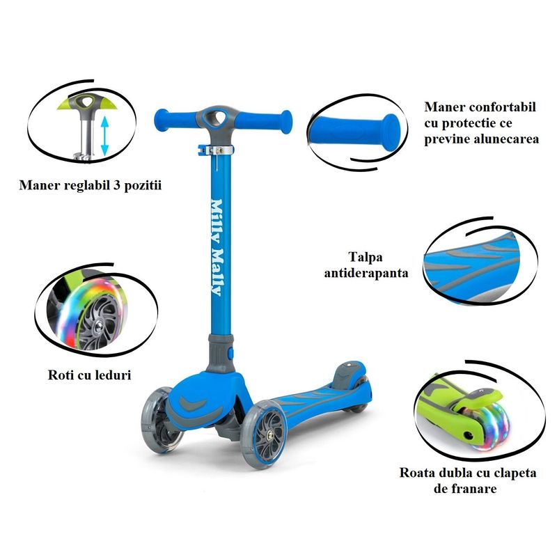 Sport si Outdoor - Role, trotinete si skateboard - Trotinete copii - Trotineta pliabila Milly Mally Boogie Blue, roti din silicon cu Led, platforma antiderapanta, greutate admisa 50 kg - Infinity.ro