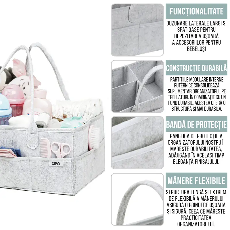 Jucarii, Copii si Bebe - Maternitate - Genti bebelusi - Gentuta mamicii, organizator scutece si accesorii copii si bebelusi, Gri, 38x26x18 cm - Infinity.ro