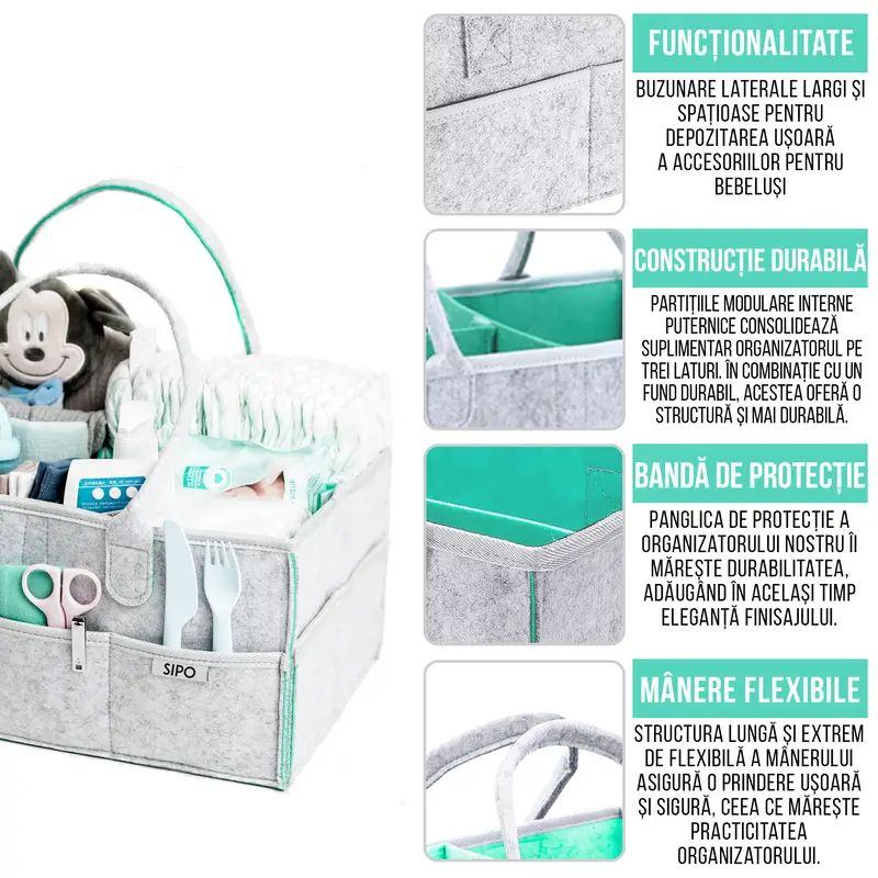 Jucarii, Copii si Bebe - Maternitate - Genti bebelusi - Gentuta mamicii, organizator scutece si accesorii copii si bebelusi, Mint, 38x26x18 cm - Infinity.ro
