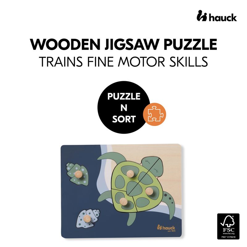 Jucarii, Copii si Bebe - Jucarii si jocuri - Jucarii bebelusi - Jucarii interactive bebelusi - Puzzle din lemn certificat FSC, cu piese imbinate, Hauck, Turtle - Infinity.ro