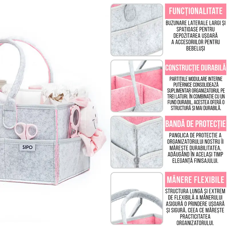 Jucarii, Copii si Bebe - Maternitate - Genti bebelusi - Gentuta mamicii, organizator scutece si accesorii copii si bebelusi, Pink, 38x26x18 cm - Infinity.ro