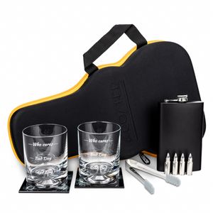 Set cu 2 pahare elegante de whisky, 4 gloante metalice pentru racire, 2 suporturi pentru pahare si cleste in carcasa in forma de chitara