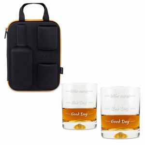 Set cu 2 pahare elegante de whisky, 4 gloante metalice pentru racire, 2 suporturi pentru pahare si cleste in carcasa in forma de chitara