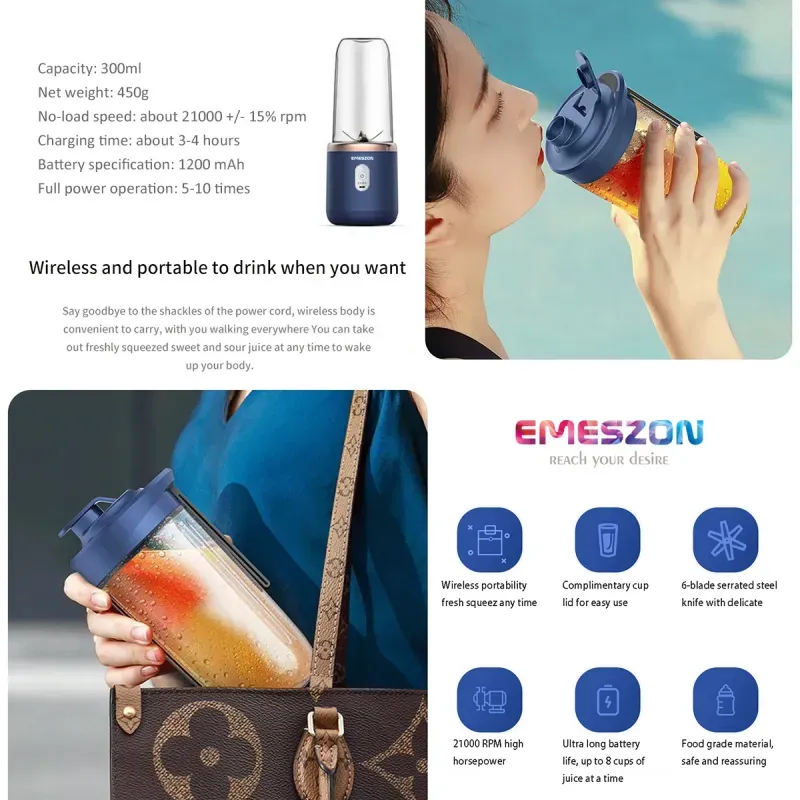 Electronice si Electrocasnice - Electrocasnice bucatarie - Mixere, tocatoare & roboti de bucatarie - Blendere si mini tocatoare - Mini Blender Storcator Portabil Fructe, Emeszon®, BLD1000, Incarcare Micro USB, 6 Lame din Inox, Putere 40W 21000 RPM - Infinity.ro