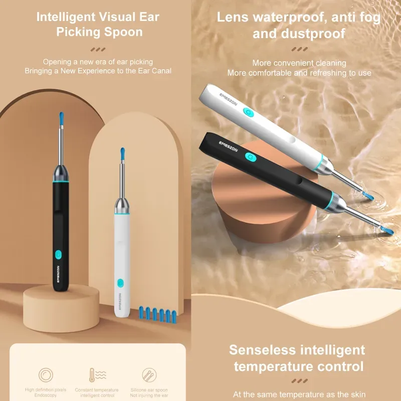 Ingrijire personala si Cosmetice - Sanatate si wellness - Aparate medicale - Dispozitive si accesorii medicale uz casnic - Otoscop Smart Slim curatare urechi, Emeszon®, pentru Copii si Adulti Camera 5MP HD 1080p IP67 LED WIFI acumulator, negru - Infinity.ro