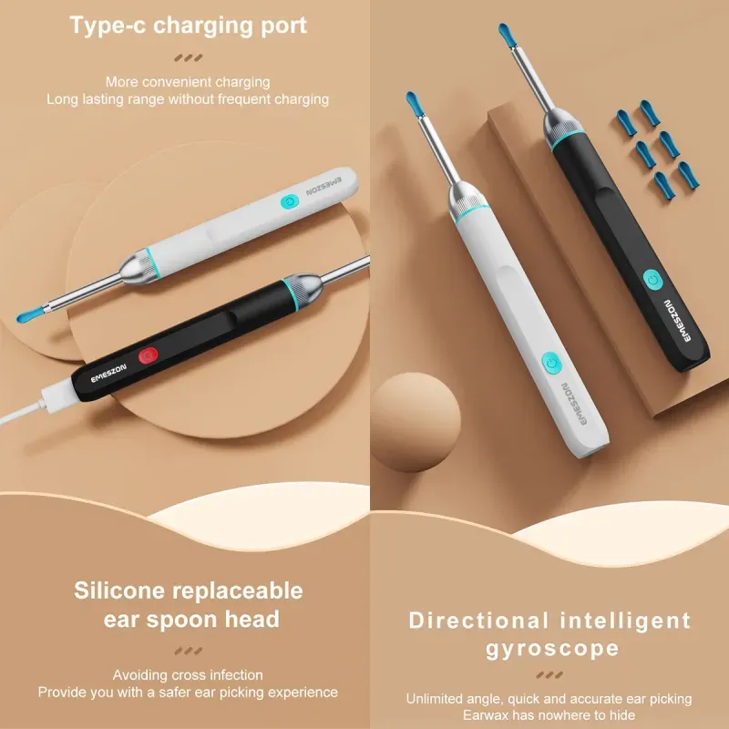 Ingrijire personala si Cosmetice - Sanatate si wellness - Aparate medicale - Dispozitive si accesorii medicale uz casnic - Otoscop Smart Slim curatare urechi, Emeszon®, pentru Copii si Adulti Camera 5MP HD 1080p IP67 LED WIFI acumulator, negru - Infinity.ro