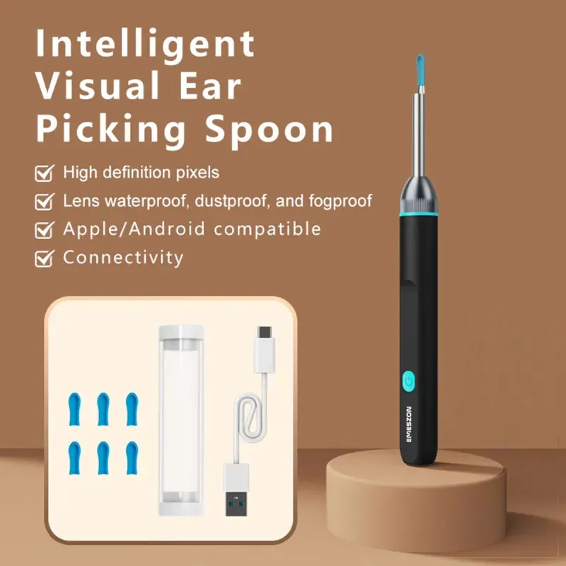 Ingrijire personala si Cosmetice - Sanatate si wellness - Aparate medicale - Dispozitive si accesorii medicale uz casnic - Otoscop Smart Slim curatare urechi, Emeszon®, pentru Copii si Adulti Camera 5MP HD 1080p IP67 LED WIFI acumulator, negru - Infinity.ro