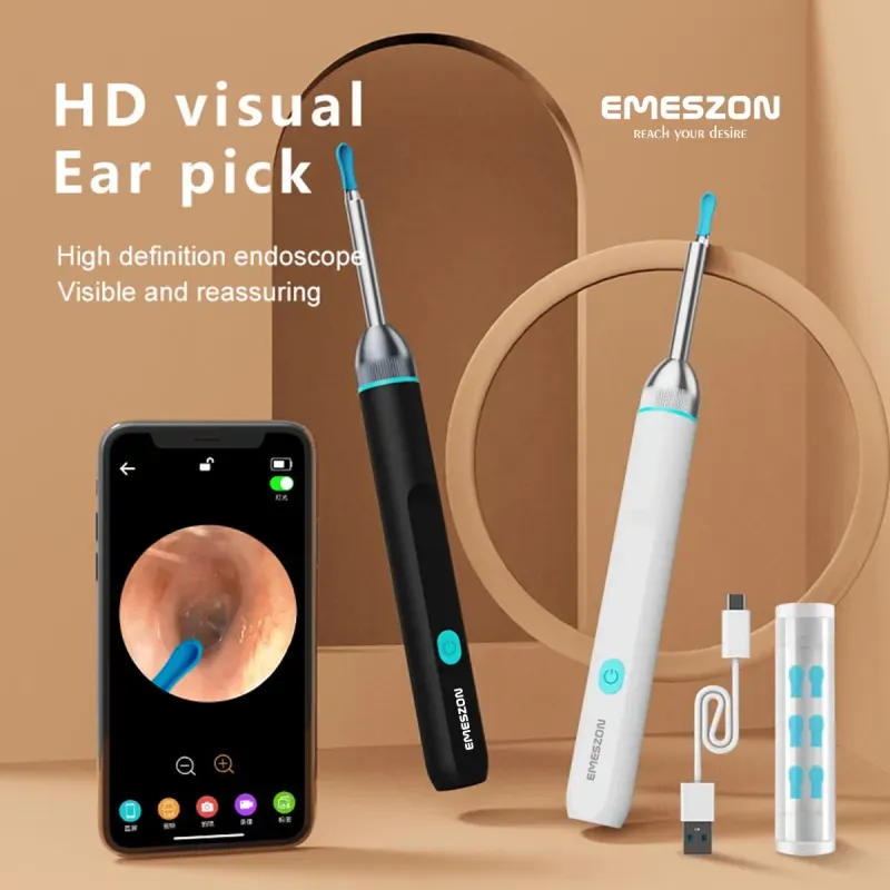 Ingrijire personala si Cosmetice - Sanatate si wellness - Aparate medicale - Dispozitive si accesorii medicale uz casnic - Otoscop Smart Slim curatare urechi, Emeszon®, pentru Copii si Adulti Camera 5MP HD 1080p IP67 LED WIFI acumulator, negru - Infinity.ro
