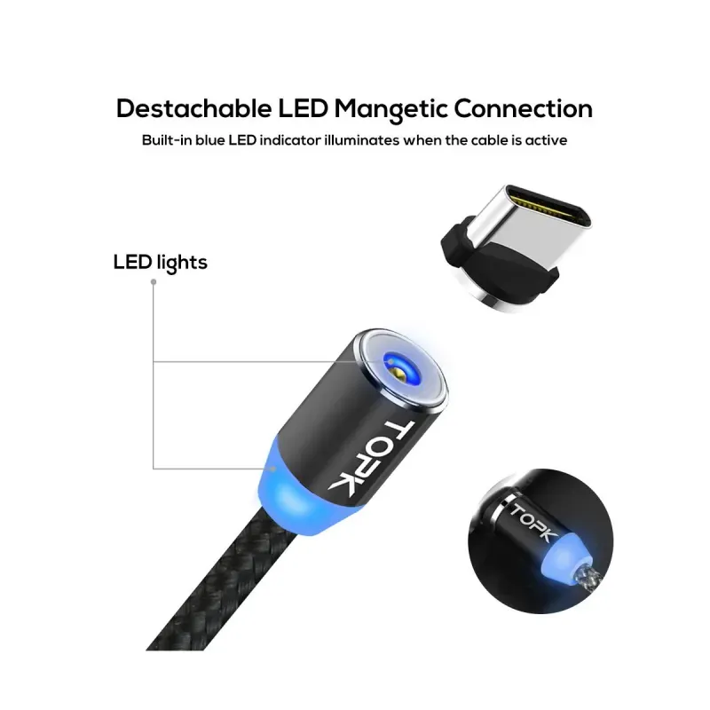 Laptop, Telefoane si Tablete - Telefoane mobile si accesorii - Accesorii Telefoane - Cabluri si adaptoare telefoane - Cablu de incarcare magnetic, TOPK, LED, 1m, 2.4A USB Type-C USB-C, rotatie 360, compatibil cu telefoane mobile, negru - Infinity.ro