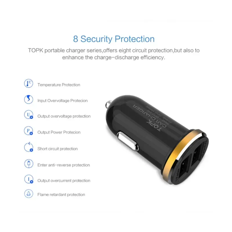Laptop, Telefoane si Tablete - Telefoane mobile si accesorii - Accesorii Telefoane - Incarcatoare telefoane - Incarcator auto TOPK Fast Charging 5V 2.1A 10.5W Dual Port USB pentru telefoane mobile - Inel auriu - Infinity.ro