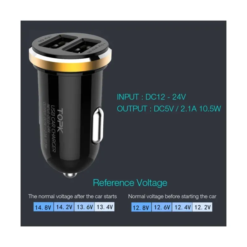 Laptop, Telefoane si Tablete - Telefoane mobile si accesorii - Accesorii Telefoane - Incarcatoare telefoane - Incarcator auto TOPK Fast Charging 5V 2.1A 10.5W Dual Port USB pentru telefoane mobile - Inel auriu - Infinity.ro