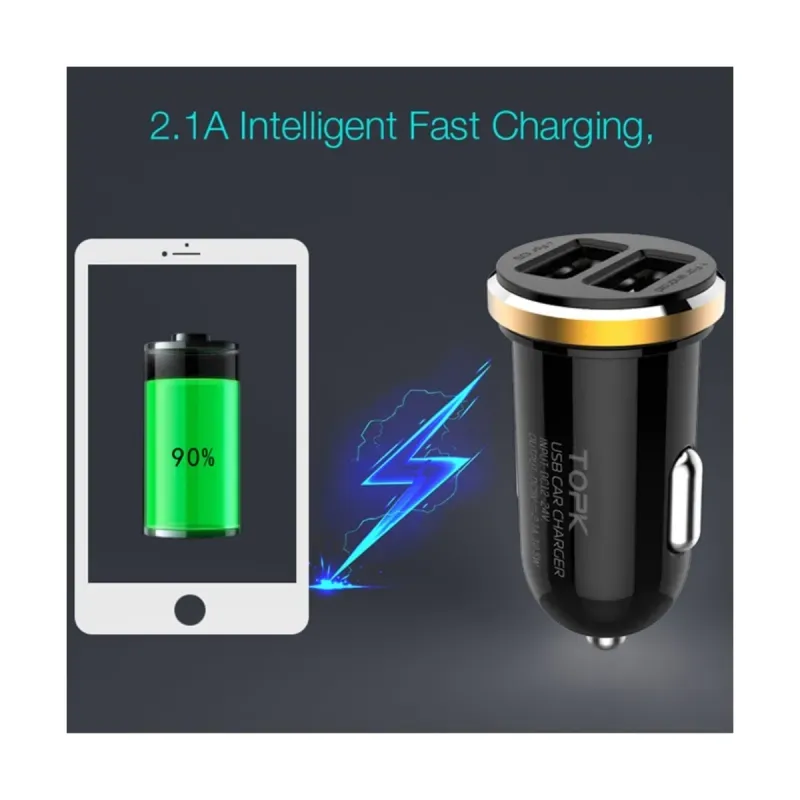 Laptop, Telefoane si Tablete - Telefoane mobile si accesorii - Accesorii Telefoane - Incarcatoare telefoane - Incarcator auto TOPK Fast Charging 5V 2.1A 10.5W Dual Port USB pentru telefoane mobile - Inel auriu - Infinity.ro