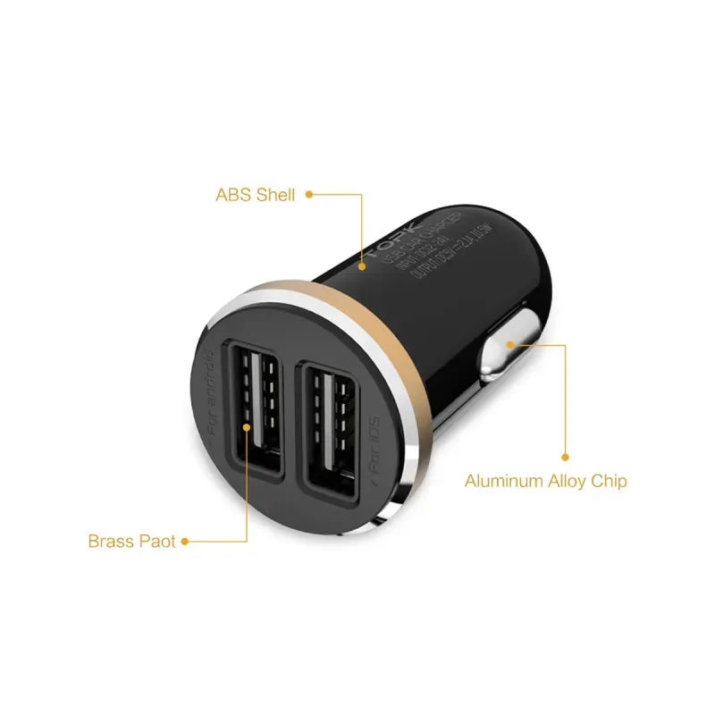 Laptop, Telefoane si Tablete - Telefoane mobile si accesorii - Accesorii Telefoane - Incarcatoare telefoane - Incarcator auto TOPK Fast Charging 5V 2.1A 10.5W Dual Port USB pentru telefoane mobile - Inel auriu - Infinity.ro