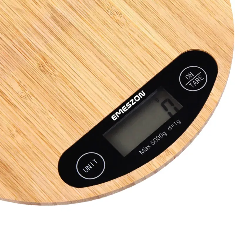Electronice si Electrocasnice - Electrocasnice bucatarie - Mixere, tocatoare & roboti de bucatarie - Cantare de bucatarie - Cantar digital de bucatarie, Emeszon®, blat din lemn de bambus dur de 20cm cantareste maxim 5Kg, LCD functia Tare, negru - Infinity.ro