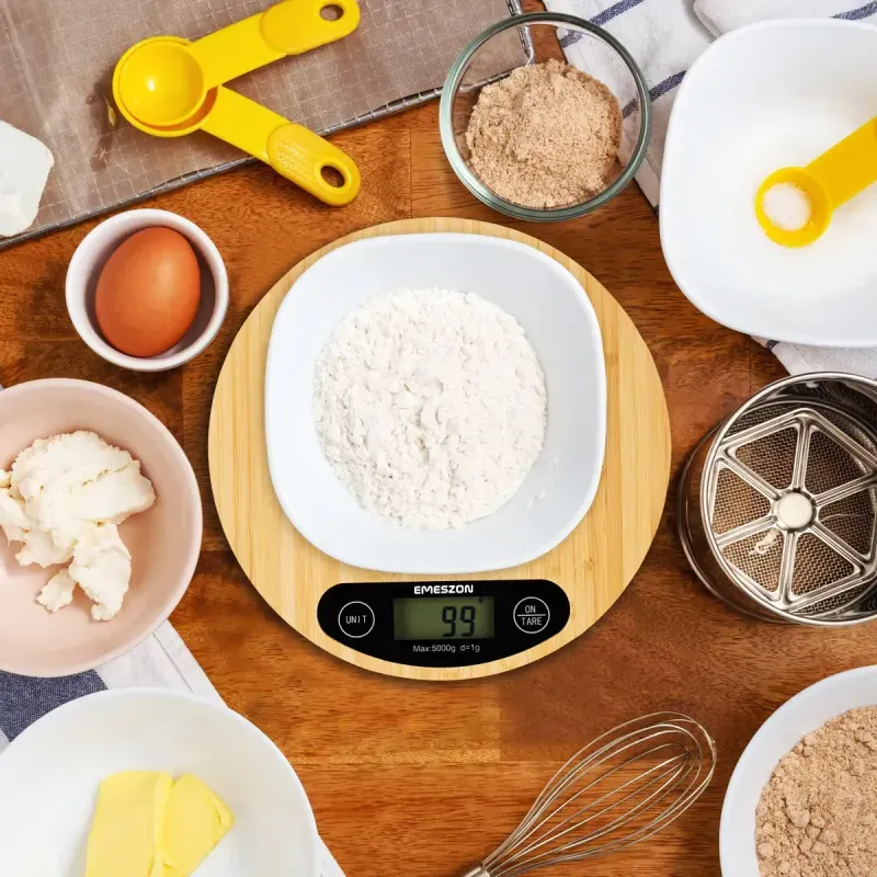 Electronice si Electrocasnice - Electrocasnice bucatarie - Mixere, tocatoare & roboti de bucatarie - Cantare de bucatarie - Cantar digital de bucatarie, Emeszon®, blat din lemn de bambus dur de 20cm cantareste maxim 5Kg, LCD functia Tare, negru - Infinity.ro