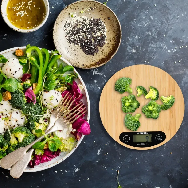 Electronice si Electrocasnice - Electrocasnice bucatarie - Mixere, tocatoare & roboti de bucatarie - Cantare de bucatarie - Cantar digital de bucatarie, Emeszon®, blat din lemn de bambus dur de 20cm cantareste maxim 5Kg, LCD functia Tare, negru - Infinity.ro