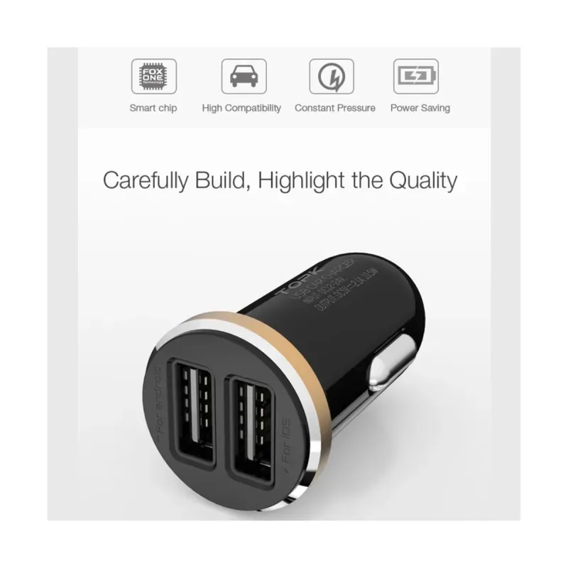 Laptop, Telefoane si Tablete - Telefoane mobile si accesorii - Accesorii Telefoane - Incarcatoare telefoane - Incarcator auto TOPK Fast Charging 5V 2.1A 10.5W Dual Port USB pentru telefoane mobile - Inel auriu - Infinity.ro