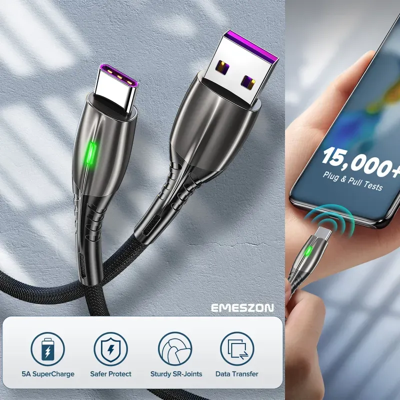 Laptop, Telefoane si Tablete - Telefoane mobile si accesorii - Accesorii Telefoane - Cabluri si adaptoare telefoane - Cablu date LED si incarcare rapida 5A 1m, Emeszon®, Type-C USB transfer date, incarcare telefon, Quick Charge 3.0, rosu - Infinity.ro