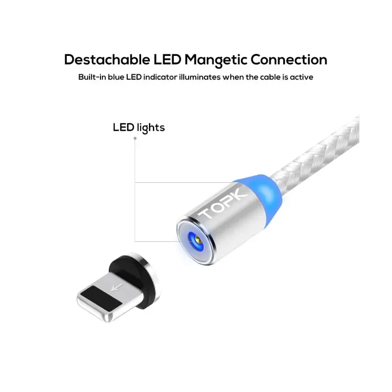 Laptop, Telefoane si Tablete - Telefoane mobile si accesorii - Accesorii Telefoane - Cabluri si adaptoare telefoane - Cablu magnetic incarcare telefon, TOPK, LED, 1m 2.4A USB rotatie 360, compatibil cu iPhone sau iPad, argintiu / gri - Infinity.ro
