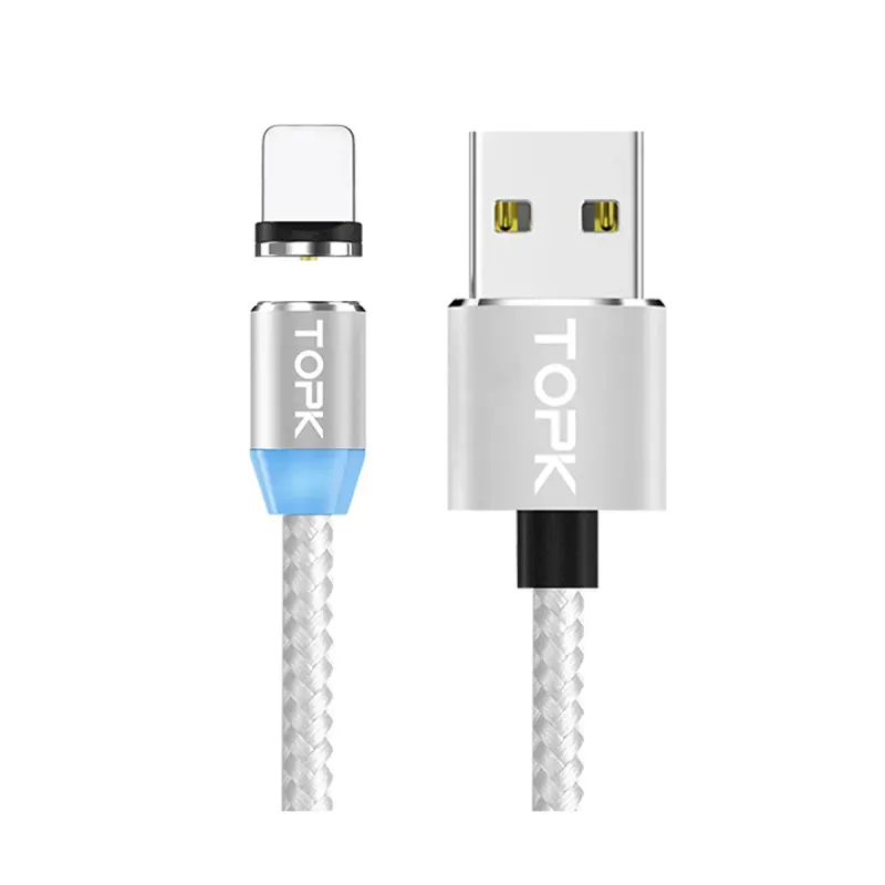 Laptop, Telefoane si Tablete - Telefoane mobile si accesorii - Accesorii Telefoane - Cabluri si adaptoare telefoane - Cablu magnetic incarcare telefon, TOPK, LED, 1m 2.4A USB rotatie 360, compatibil cu iPhone sau iPad, argintiu / gri - Infinity.ro