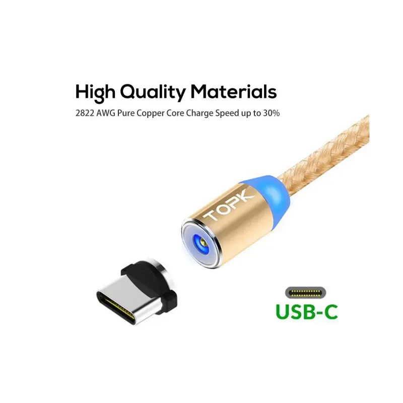 Laptop, Telefoane si Tablete - Telefoane mobile si accesorii - Accesorii Telefoane - Cabluri si adaptoare telefoane - Cablu magnetic incarcare telefon, TOPK, LED 1m, 2.4A USB Type-C USB-C, 360, compatibil cu majoritatea telefoanelor, gold - Infinity.ro