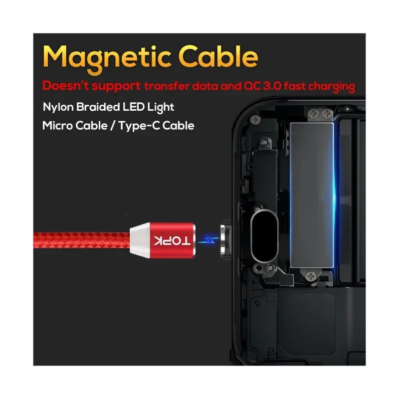 Laptop, Telefoane si Tablete - Telefoane mobile si accesorii - Accesorii Telefoane - Cabluri si adaptoare telefoane - Cablu magnetic incarcare telefon, TOPK, LED, 1m 2.4A USB rotatie 360, compatibil cu iPhone sau iPad, argintiu / gri - Infinity.ro