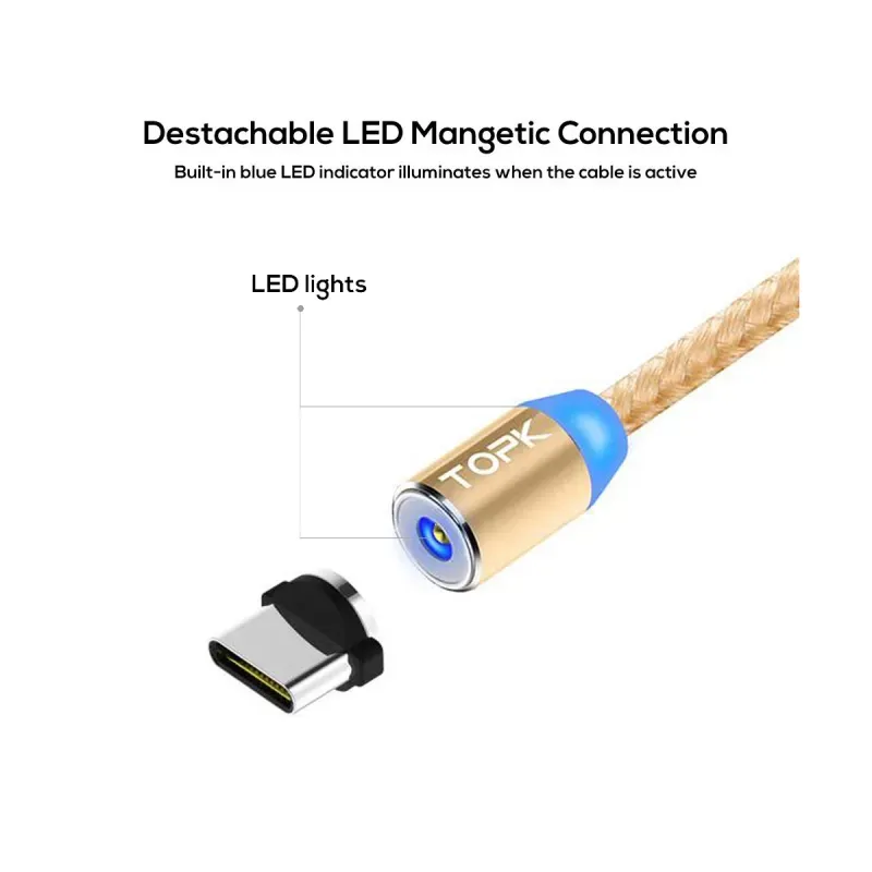 Laptop, Telefoane si Tablete - Telefoane mobile si accesorii - Accesorii Telefoane - Cabluri si adaptoare telefoane - Cablu magnetic incarcare telefon, TOPK, LED 1m, 2.4A USB Type-C USB-C, 360, compatibil cu majoritatea telefoanelor, gold - Infinity.ro