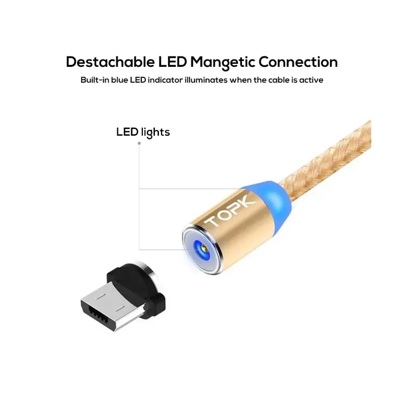 Laptop, Telefoane si Tablete - Telefoane mobile si accesorii - Accesorii Telefoane - Cabluri si adaptoare telefoane - Cablu magnetic incarcare telefon, TOPK, LED 1m, 2.4A USB Micro USB 360, compatibil cu majoritatea telefoanelor, gold - Infinity.ro