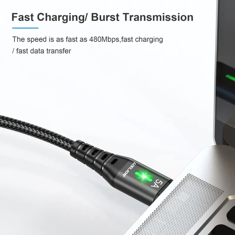 Laptop, Telefoane si Tablete - Telefoane mobile si accesorii - Accesorii Telefoane - Cabluri si adaptoare telefoane - Cablu flexibil incarcare 5A Type C LED Uslion, transfer date incarcare rapida telefon, 1m, USB C Quick Charge 3.0, negru - Infinity.ro