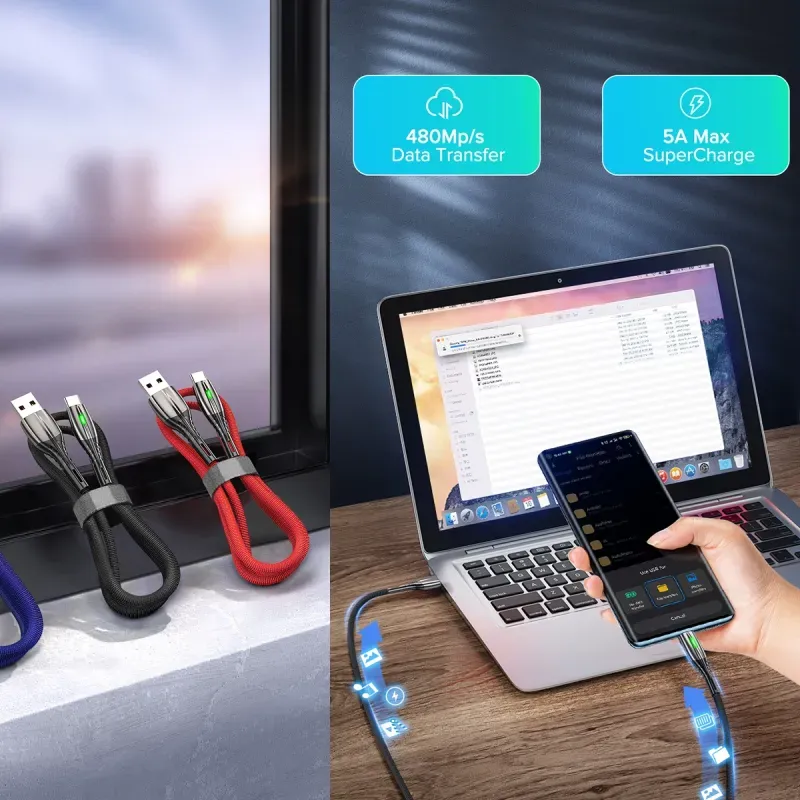 Laptop, Telefoane si Tablete - Telefoane mobile si accesorii - Accesorii Telefoane - Cabluri si adaptoare telefoane - Cablu date LED si incarcare rapida 5A 1m, Emeszon®, Type-C USB transfer date, incarcare telefon, Quick Charge 3.0, negru - Infinity.ro