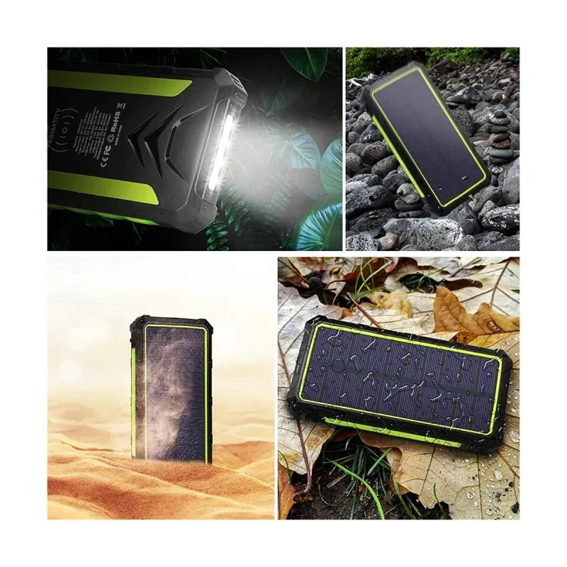 Laptop, Telefoane si Tablete - Telefoane mobile si accesorii - Accesorii Telefoane - Baterii externe - Baterie externa solara A+ Emeszon® 36000 mAh Type C USB 3A, incarcare wireless, IP66, LED, Quick Charge 3.0, negru-verde - Infinity.ro