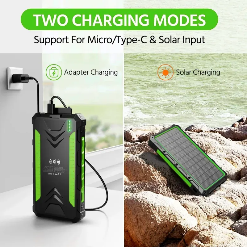 Laptop, Telefoane si Tablete - Telefoane mobile si accesorii - Accesorii Telefoane - Baterii externe - Baterie externa solara A+ Emeszon® 36000 mAh Type C USB 3A, incarcare wireless, IP66, LED, Quick Charge 3.0, negru-verde - Infinity.ro