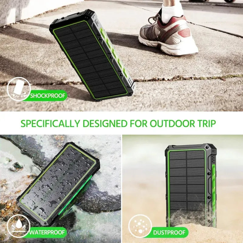 Laptop, Telefoane si Tablete - Telefoane mobile si accesorii - Accesorii Telefoane - Baterii externe - Baterie externa solara A+ Emeszon® 36000 mAh Type C USB 3A, incarcare wireless, IP66, LED, Quick Charge 3.0, negru-verde - Infinity.ro