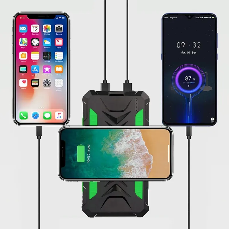 Laptop, Telefoane si Tablete - Telefoane mobile si accesorii - Accesorii Telefoane - Baterii externe - Baterie externa solara A+ Emeszon® 36000 mAh Type C USB 3A, incarcare wireless, IP66, LED, Quick Charge 3.0, negru-verde - Infinity.ro