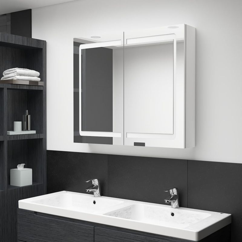 Casa si Gradina - Mobilier - Mobilier baie - Corpuri baie - Dulap de baie cu oglinda si LED, alb stralucitor, 80x12x68 cm - Infinity.ro