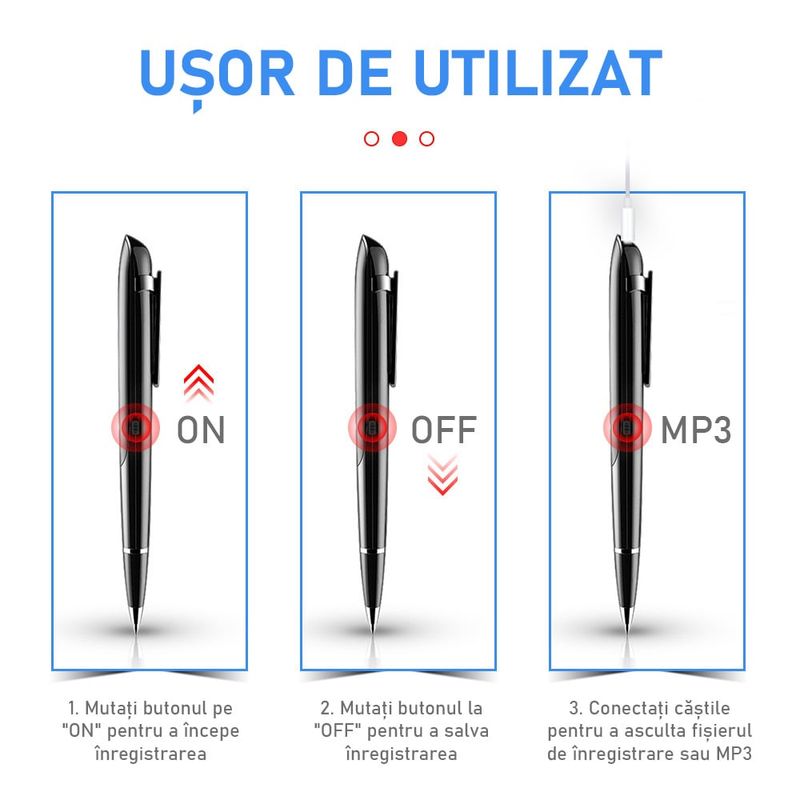 Laptop, Telefoane si Tablete - Wearables si gadgeturi - Gadgeturi - Dispozitive spionaj - Reportofon pix cu activare vocala, 32 GB, player mp3 cu casti, model Q9 - Infinity.ro