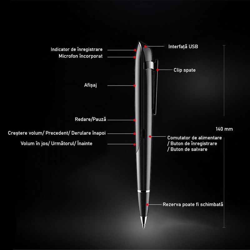 Laptop, Telefoane si Tablete - Wearables si gadgeturi - Gadgeturi - Dispozitive spionaj - Reportofon pix cu activare vocala, 32 GB, player mp3 cu casti, model Q9 - Infinity.ro