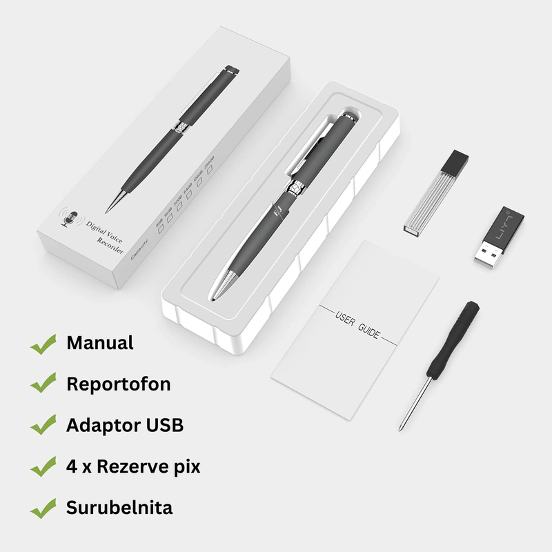Laptop, Telefoane si Tablete - Wearables si gadgeturi - Gadgeturi - Dispozitive spionaj - Pix cu microfon ascuns, autonomie 10 ore, MP3 Player, 32GB, gri - D3191 - Infinity.ro
